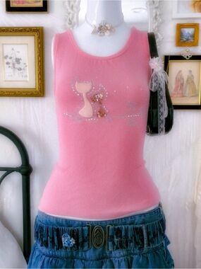 McBling bubblegum glam girly cat sequin beading rhinestone cotton blend tank